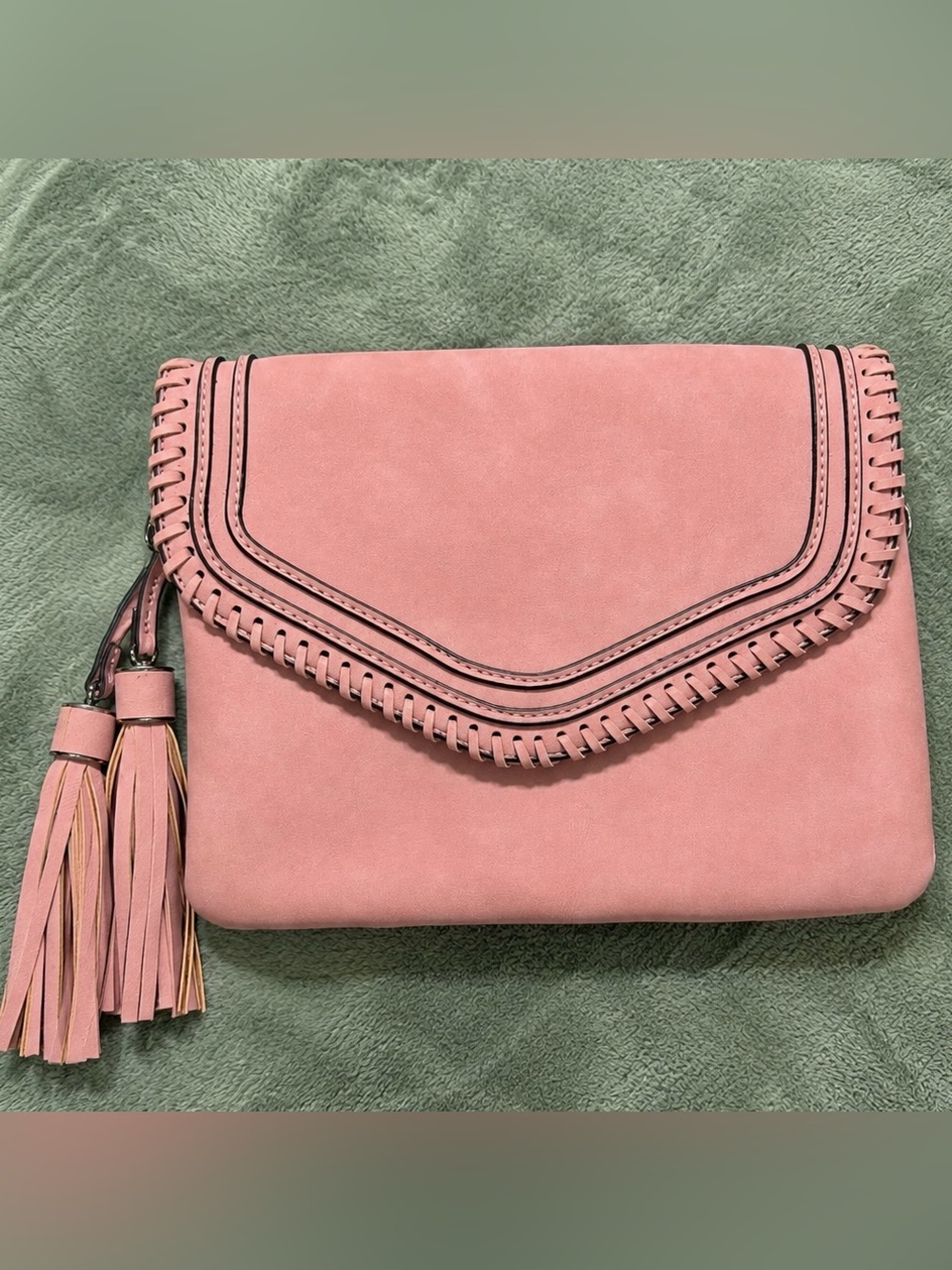 Pink Whipstitch Envelope Clutch Crossbody Purse Tassel Boho Faux Leather/Suede